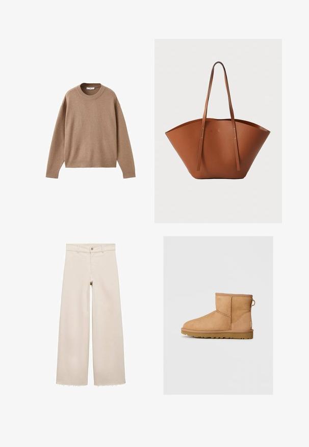 Pulover bej deschis cu mâneci lungi și gât rotund, cu manșete, tiv și guler ribb. Este expus plat pe un fundal alb.; Jeans bej cu picioare largi și talie înaltă, cu închidere cu buton, buzunare frontale și tiv desfăcut. Fabricate din material denim.; Botină din suede bej, cu vârf rotund, detalii cusute, buclă de prindere pe spate și talpă din cauciuc texturat. Proiectată pentru confort și căldură.; Geantă tote din piele maro, cu o formă largă și bine structurată, mânere subțiri și un finisaj texturat. Prezintă un design minimalist, fără hardware vizibil.