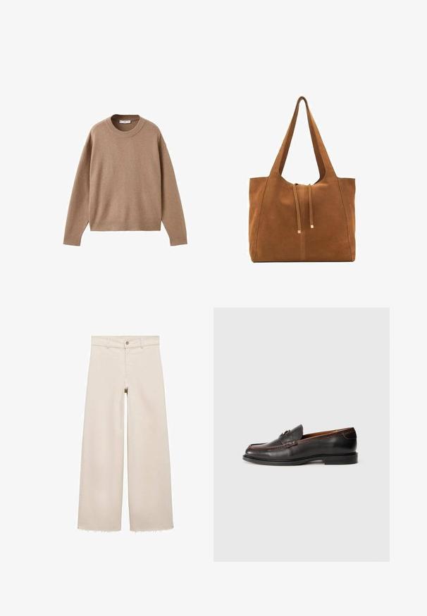 Nježni bež džemper dugih rukava s okruglim izrezom, s rebrastim manžetama, donjim rubom i izrezom, prikazan ravno na bijeloj pozadini.; Bež traperice širokih nogavica s visokim strukom, s kopčanjem na gumb, prednjim džepovima i strganim rubovima. Izrađene od trapera.; Crne kožne mokasine s glatkom završnom obradom, zaobljenim vrhom i šavnim detaljima. Imaju nisku petu i minimalistički dizajn.; Smeđa antilop torba za ruke s dva duga remena, zatvaranje na vezicu i minimalistički dizajn. Glatka tekstura i bez vidljivih metalnih elemenata.