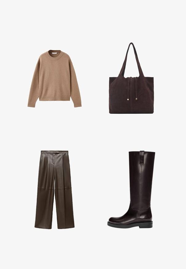 Pulover bej deschis cu mâneci lungi și gât rotund, cu manșete, tiv și guler ribb. Este expus plat pe un fundal alb.; Pantaloni largi din piele maro, cu o textura neteda, avand pliseuri in fata si un design clasic al taliei.; Cizme din piele maro, până la genunchi, cu o textură netedă, bot rotund și talpă plată din cauciuc negru. Prezintă o cusătură verticală și o buclă la spate.; Mango Geantă de pânză - dark brown
