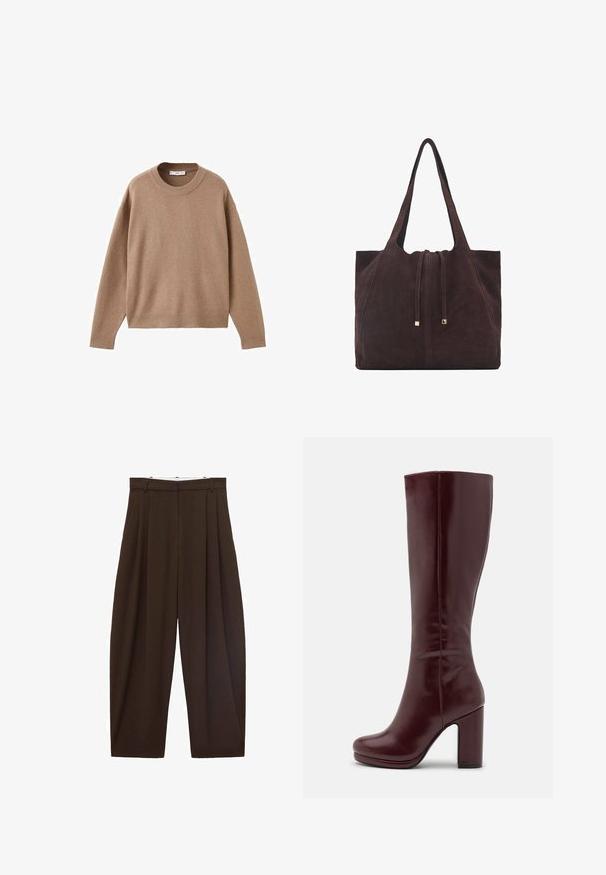 Pehmeä beige pitkähihainen pyöreäkauluksinen villapaita, jossa on ribbireunat manseteissa, helmassa ja kaula-aukoossa, esitetty tasaisena valkoista taustaa vasten.; Ruskeat korkeavyötäröiset housut, joissa on laskokset, valmistettu sileästä kankaasta. Rentoa istuvuutta, suora lahjemuoto, varustettu vyölenkeillä ja vetskarilla.; Anna Field Korolliset saappaat - red; Mango Shopping bag - dark brown