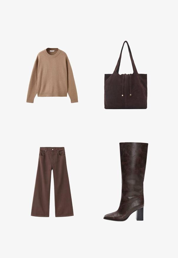 Weicher beiger Langarm-Pullover mit Rundhalsausschnitt, übersichtlich auf einem weißen Hintergrund präsentiert, mit gerippten Bündchen, Saum und Kragen.; Braune, weite Jeans aus Denim. Verfügt über fünf Taschen, einen Reißverschluss und Metallnieten. Glatte Textur und klassisches Design.; Braune Kunstleder kniehohe Stiefel mit einer spitzen Zehenform, einer strukturierten Oberfläche und einem klobigen schwarzen Absatz. Glatte Oberfläche, minimale Details.; Mango Shopping Bag - dark brown