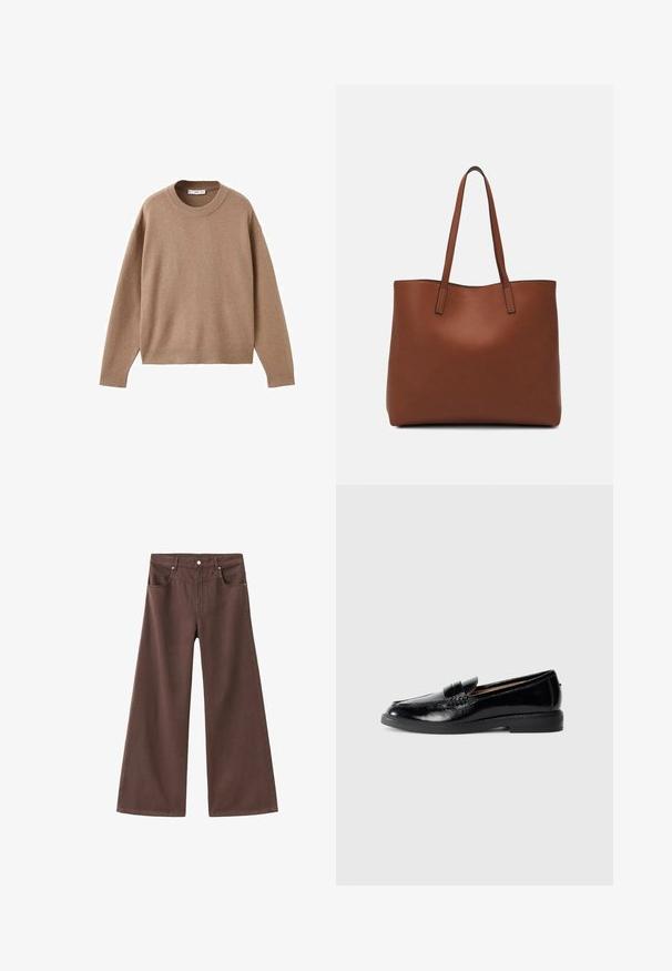 Weicher beiger Langarm-Pullover mit Rundhalsausschnitt, übersichtlich auf einem weißen Hintergrund präsentiert, mit gerippten Bündchen, Saum und Kragen.; Braune, weite Jeans aus Denim. Verfügt über fünf Taschen, einen Reißverschluss und Metallnieten. Glatte Textur und klassisches Design.; Schwarzer, glänzender Leder-Loafer mit abgerundeter Zehe, niedrigem Absatz, dekorativem Riemen und glatter Sohle auf einem schlichten hellgrauen Hintergrund.; Braune Leder-Tote mit glatter Textur, offenem Oberteil und zwei Schulterriemen. Verfügt über minimale Nähte und keine sichtbaren Beschläge.