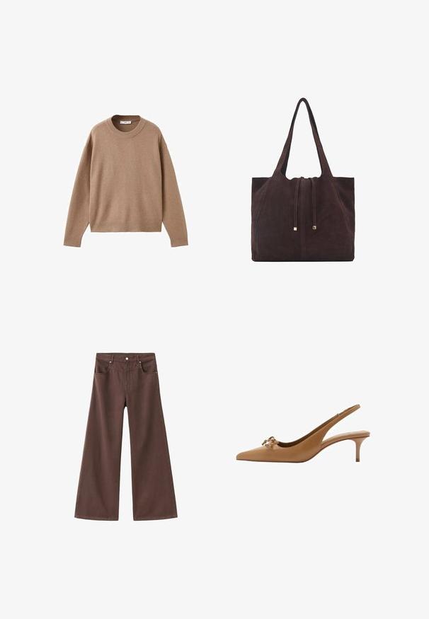 Weicher beiger Langarm-Pullover mit Rundhalsausschnitt, übersichtlich auf einem weißen Hintergrund präsentiert, mit gerippten Bündchen, Saum und Kragen.; Braune, weite Jeans aus Denim. Verfügt über fünf Taschen, einen Reißverschluss und Metallnieten. Glatte Textur und klassisches Design.; Helle Leder Slingback-Absätze mit spitzem Zeh, kleinem Absatz und dekorativem Schleifchen-Detail an der Vorderseite. Glatte Textur und klassisches Design.; Mango Shopping Bag - dark brown