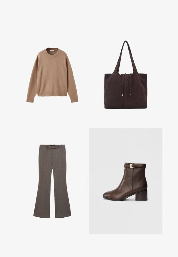 Zachte beige lange mouw crewneck trui met geribbelde manchetten, zoom en halslijn, plat weergegeven op een witte achtergrond.; Bruine flarebroeken van gestructureerde stof, met een rechte taille en riemlussen, en een klassieke middellange taille. Geen zichtbare zakken.; Bruine leren enkelboot met een ronde neus, een lage blokhak en een decoratieve gespband rond de enkel. Gladde textuur en strakke design.; Mango Shopper - dark brown
