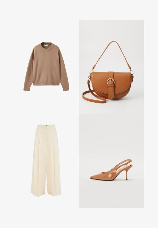 Weicher beiger Langarm-Pullover mit Rundhalsausschnitt, übersichtlich auf einem weißen Hintergrund präsentiert, mit gerippten Bündchen, Saum und Kragen.; Weite Hosen aus leicht beigem Stoff, mit plissiertem Vorderdesign, hoher Taille und glatter Textur. Keine sichtbaren Beschläge oder Muster.; Spitz zulaufender Slingback-Absatz aus einem glatten, glänzenden, tanfarbenen Material. Mit einem geschwungenen Ausschnitt-Design und einem schlanken Stiletto-Absatz. Silberne Schnallendetails.; Braune Leder-Crossbody-Tasche mit geschwungener Form, goldfarbenen Beschlägen und einer Schnallenakzentuierung. Verfügt über einen abnehmbaren Schultergurt.