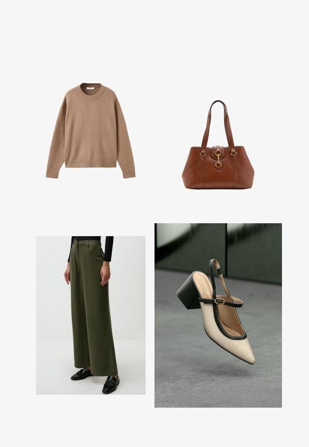 Zachte beige lange mouw crewneck trui met geribbelde manchetten, zoom en halslijn, plat weergegeven op een witte achtergrond.; Olijfgroene wijde broek gemaakt van een gladde stof, met een hoge tailleband, vo pockets en een strakke, eenvoudige stijl.; Beige puntige slingback schoen met zwarte rand, gouden gesp en een chunky blokhak op een grijze vloer met een donker groene achtergrond.; Bruine leren handtas met dubbele banden, een afgeronde vorm, gouden hardware en een centrale sluiting. Gladde textuur met gestikte accenten.