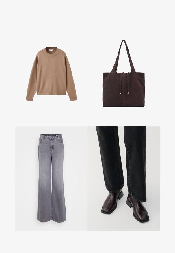 Měkký béžový svetr s dlouhým rukávem a kulatým výstřihem, ribovanými manžetami, lemem a výstřihem, vyložený na bílém pozadí.; Široké šedé džíny z denimu s vysokým pasem, které mají zapínání na knoflíky, přední kapsy a jemné zesvětlení pro texturu.; Hnědé kožené kotníkové boty se čtveratým špičkou a širokým podpatkem, kombinované s černými širokými riflovými kalhotami. Hladká textura a minimalistický design.; Mango Velká kabelka - dark brown
