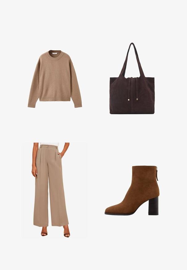 Pulover bej deschis cu mâneci lungi și gât rotund, cu manșete, tiv și guler ribb. Este expus plat pe un fundal alb.; Friends Like These PREMIUM WIDE LEG - Pantaloni - natural; Cizmă de gleznă din suede maro, cu vârf pătrat, material texturat și toc de 3 inci. Prezintă un fermoar lateral pentru o îmbrăcare ușoară.; Mango Geantă de pânză - dark brown; Mănuși din piele maro, cu o textură netedă, având cinci degete, încheietură elastică și cusături decorative pe margine.