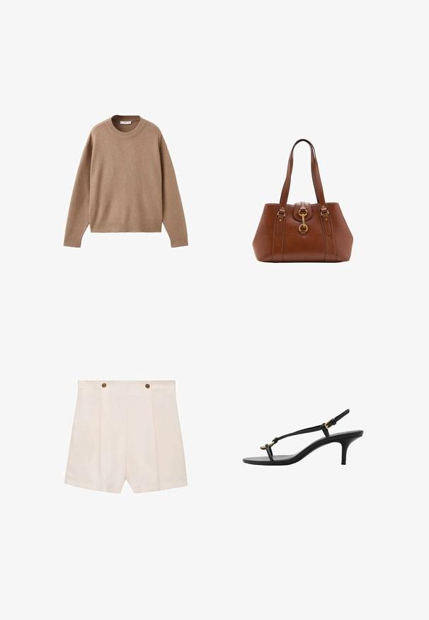 Soft beige long-sleeve crewneck sweater with ribbed cuffs, hem, and neckline, displayed flat on a white background.; Cream-colored shorts made from a smooth fabric, featuring two front pleats, a relaxed fit, and two visible bronze buttons at the waistband.; Black leather kitten heel sandal with thin straps, gold buckle, and minimalist toe loop on a white background.; Brown leather handbag with dual straps, a rounded shape, gold hardware, and a central buckle detail. Smooth texture with stitched accents.