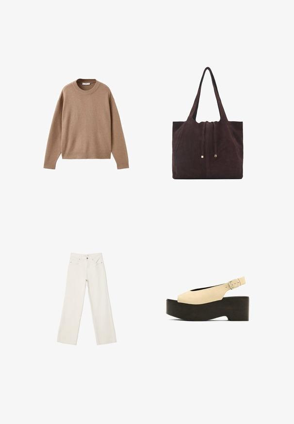 Weicher beiger Langarm-Pullover mit Rundhalsausschnitt, übersichtlich auf einem weißen Hintergrund präsentiert, mit gerippten Bündchen, Saum und Kragen.; Weiße lässige Jeans aus Denim mit hochgeschnittenem Bund, Fronttaschen und Knopfverschluss. Schlichtes Design mit minimalen Akzenten.; Beige Wildledersandalen mit Plateau, offenen Zehen, Slingback-Design und einem dunklen, holzähnlichen Fußbett, ausgestattet mit einer Metall-Schnalle zur Anpassung.; Mango Shopping Bag - dark brown