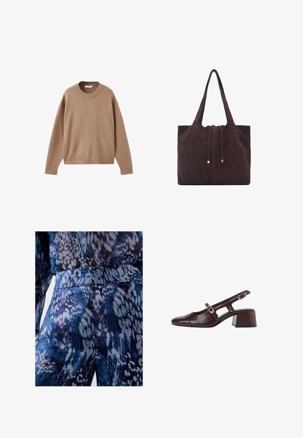 Miękki beżowy sweter z długim rękawem i okrągłym dekoltem, z prążkowanymi mankietami, dolnym obszyciem i dekoltem, wyeksponowany na płasko na białym tle.; Niebiesko-fioletowa tkanina w wzory o gładkiej fakturze, z abstrakcyjnymi kształtami i dopasowanym pasem. Zbliżenie na szczegóły odzieży.; Brązowe skórzane szpilki z odkrytym piętą, kwadratowym noskiem, wyciętymi bokami i słupkowym obcasem. Posiadają klamrę na pasku wokół kostki.; Mango - Torba na zakupy