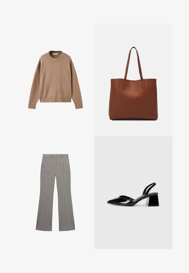 Zachte beige lange mouw crewneck trui met geribbelde manchetten, zoom en halslijn, plat weergegeven op een witte achtergrond.; Grijze uitlopende broek met een textuurstof, voorzien van een vlakke voorkant, riemlussen en persplooien langs de benen voor een gestructureerde uitstraling.; Zwarte gepatineerde leren slingback hakken met een spitse neus en een geometrische blokhak. Kenmerkt zich door een slank, minimalistisch ontwerp en een gladde textuur.; Bruine leren tote bag met een gladde textuur, een ontwerp met een open bovenkant en twee schouderbanden. Kenmerkt zich door minimale stiksels en geen zichtbare hardware.