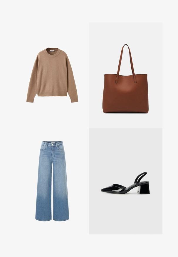 Mehak bež dolg rokav pulover s krožnim izrezom, z rebrastimi manžetami, obrobo in izrezom, prikazan na beeli podlagi.; Svijetloplave traper široke hlače s visokim strukom, prednjim džepovima i klasičnim kopčanjem na dugme. Izdubljena tekstura na rubu.; Črne lakirane slingback pete s koničastim nosom in geometrijsko blokasto peto. Imajo eleganten, minimalističen dizajn in gladko teksturo.; Rjava usnjena torba z gladko teksturo, odprto zasnovo zgoraj in dvema naramnima trakovoma. Opremljena je z minimalnim šivanjem in brez vidnih kovinskih delov.