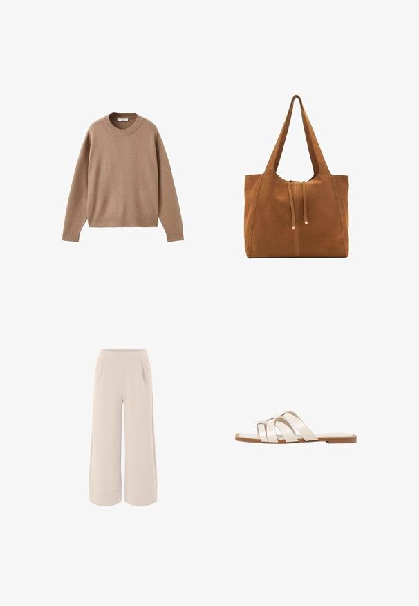 Pehmeä beige pitkähihainen pyöreäkauluksinen villapaita, jossa on ribbireunat manseteissa, helmassa ja kaula-aukoossa, esitetty tasaisena valkoista taustaa vasten.; Vaaleat leveälahkeiset housut, joissa on sileä pinta, joustava vyötärö ja kaksi sivutaskua. Hihojen päät on käännetty lisäyksiksi.; Tason vaaleanruskealla kumipohjalla, jossa on kolme päällekkäistä valkoista nahkaremmiä ja pieni satiininen rusetti keskellä.; Ruskea nubuk-olkalaukku, jossa on kaksi pitkää hihnaa, naru- ja minimalinen sulkemismekanismi. Tasainen pinta ja ei näkyviä metalliosia.