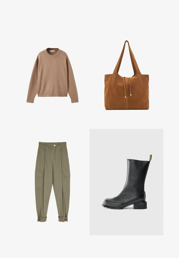 Mehak bež dolg rokav pulover s krožnim izrezom, z rebrastimi manžetami, obrobo in izrezom, prikazan na beeli podlagi.; Olivno zelene cargo hlače iz mehkega blaga, ki imajo dve sprednji žepi, nabran dizajn in manšete z nastavljivimi zaponkami.; Črne usnjene gležnjarje z blok peto, gladko teksturo, zaobljenim nosom in trakcem na peti, ki prikazuje rumeno blagovno znamko.; Rjava semiš torba z dvema dolgima ročajema, z vrvico za zapiranje in minimalističnim dizajnom. Gladka tekstura in brez vidnih kovinskih dodatkov.