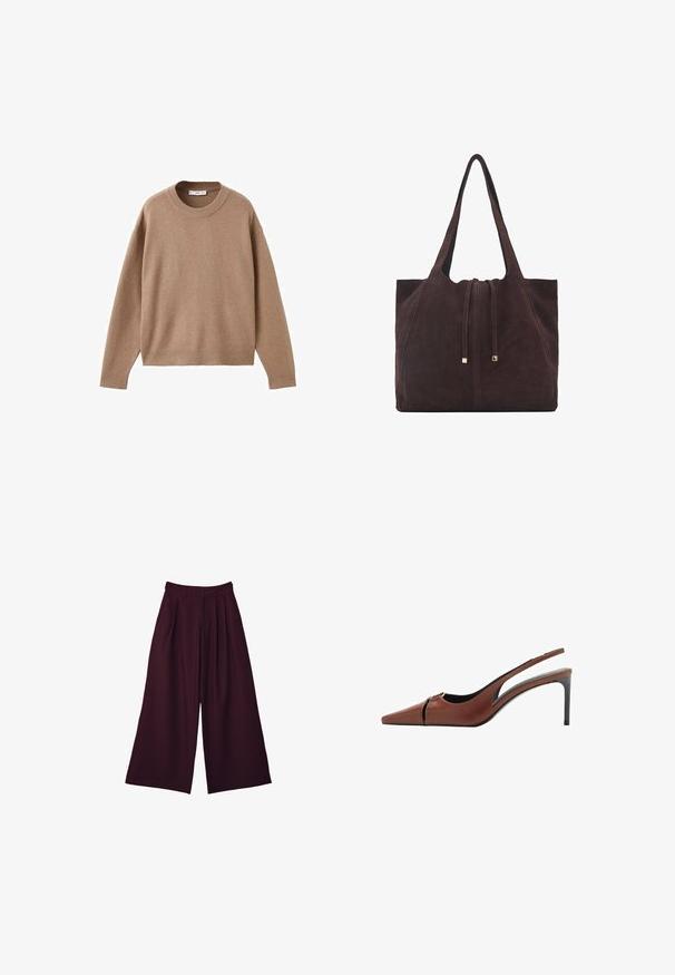 Soft beige long-sleeve crewneck sweater with ribbed cuffs, hem, and neckline, displayed flat on a white background.; Wide-leg trousers in deep burgundy fabric, featuring pleats, a high waist, and two side pockets for utility and style.; Brown leather slingback heel with a pointed toe, cutout detail at the vamp, and a sleek stiletto heel. Smooth texture.; Mango Tote bag - dark brown