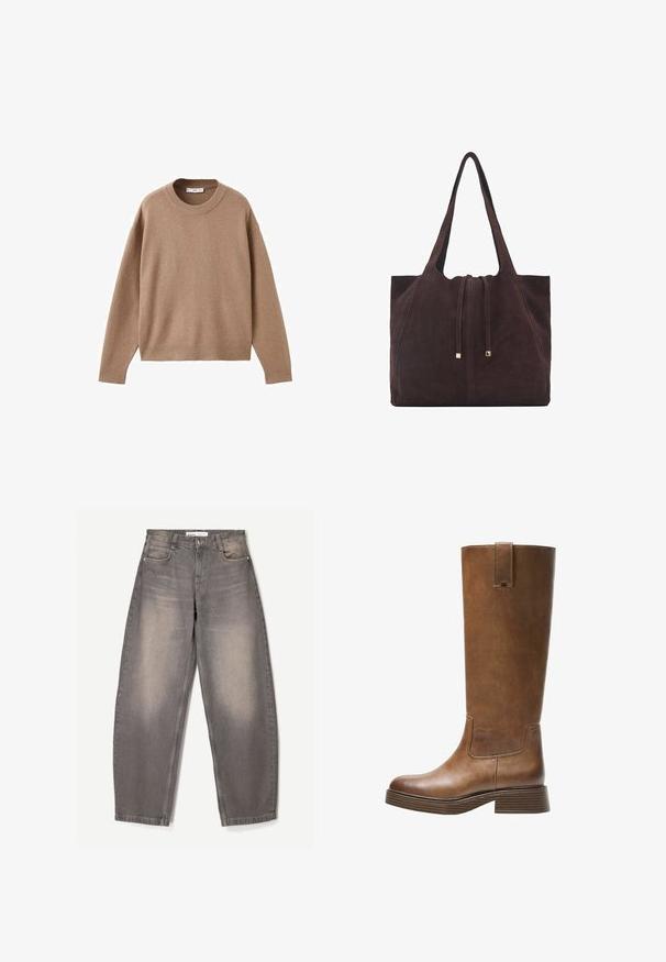 Nježni bež džemper dugih rukava s okruglim izrezom, s rebrastim manžetama, donjim rubom i izrezom, prikazan ravno na bijeloj pozadini.; Široke sivo traperice napravljene od denima, s blagim izbljeđenjem, pet džepova, petljicama za remen i kopčanjem na dugme u struku.; Smeđe kožne čizme do koljena s zaobljenim nosom, teksturiranom površinom i niskim debljim potplatom. Imaju bočni panel i povlačnu traku na vrhu.; Mango Velika torba - dark brown