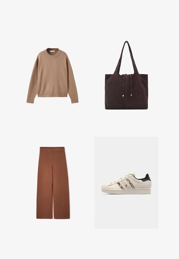 Zachte beige lange mouw crewneck trui met geribbelde manchetten, zoom en halslijn, plat weergegeven op een witte achtergrond.; Bordeaux brede broek gemaakt van een zachte, gestructureerde stof. Heeft een hoge tailleband en geen zichtbare sluitingen.; Witte leren sneaker met een gestructureerde, gebroken witte rubberen teentip. Beschikt over drie bruine strepen en een zwarte hielstrook. Platte veters en logo-detail.; Mango Shopper - dark brown