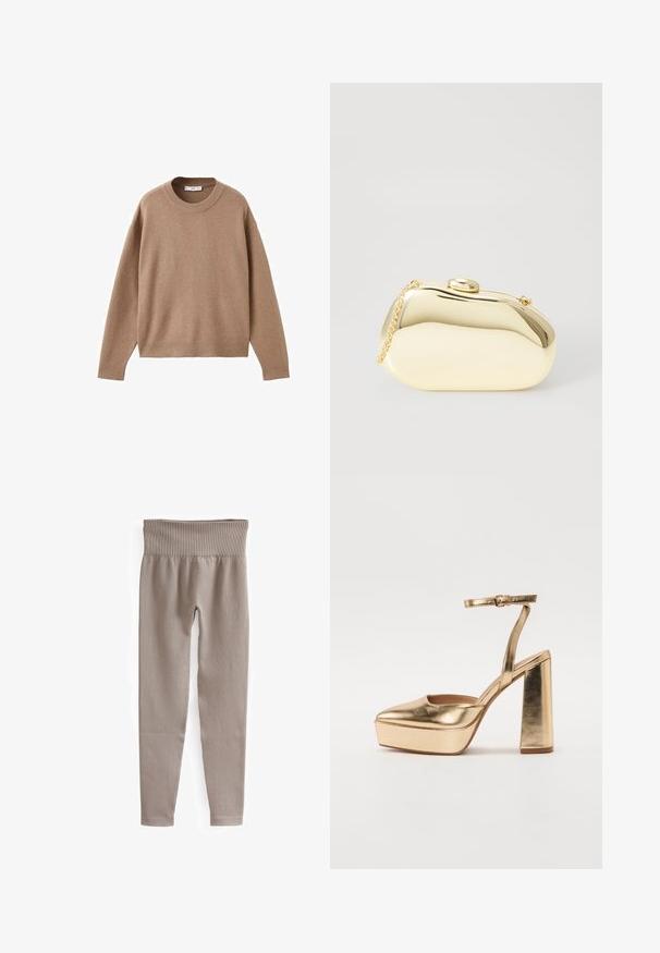 Pulover bej deschis cu mâneci lungi și gât rotund, cu manșete, tiv și guler ribb. Este expus plat pe un fundal alb.; Leggings bej cu țesătură în relief, având un talie lată, picioare conice și o textură netedă, concepute pentru confort și flexibilitate.; Cizme de platformă metalizate aurii cu nas ascuțit, curea la gleznă și toc pătrat. Design elegant cu o textură netedă și strălucitoare.; Clutch metalizat de culoare aurie, cu o formă netedă și rotundă, având un închizător tip buton în partea de sus și o curea mică pentru purtare.
