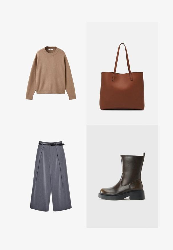 Blød beige langærmet crewneck sweater med ribbede manchetter, kant og krave, præsenteret fladt på en hvid baggrund.; Bredbenede grå bukser med frontfolder og et sort bælte, lavet af glat stof, præsenteret mod en hvid baggrund.; Mørkebrune læderstøvler til midten af læggen med rund tå, tyk sort sål, lav blokhælel og en trækflap bagpå.; Brun læder tote taske med en glat overflade, åben topdesign og to skulderremme. Har minimal syning og ingen synlig hardware.