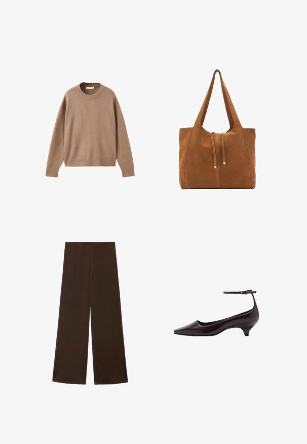 Mjuk beige långärmad tröja med rund halsringning, med ribbade muddar, fåll och halsringning, uppvisad liggandes på en vit bakgrund.; Vida byxa gjord av ett slätt, mörkbrunt tyg. Har hög midja och en minimalistisk design utan utsmyckningar.; Mörkbrun spetsig läderkattklackssko med en tunn ankelrem och en liten guldkopp.; Brun mockaläders toteväska med två långa remmar, dragsko-stängning och minimalistisk design. Slät textur och inga synliga metallaccenter.