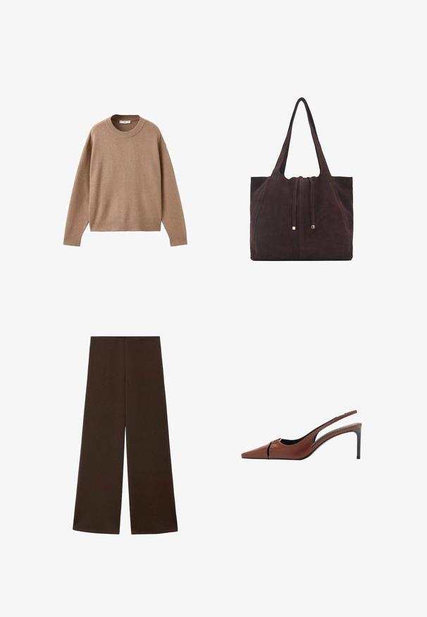 Zachte beige lange mouw crewneck trui met geribbelde manchetten, zoom en halslijn, plat weergegeven op een witte achtergrond.; Wijdvallende broek gemaakt van een gladde, donkerbruine stof. Kenmerkt zich door een hoge tailleband en een minimalistisch ontwerp zonder versieringen.; Bruine leren slingback hakken met een spitse neus, uitsnijding bij de bovenkant en een elegante stilettohak. Glad oppervlak.; Mango Shopper - dark brown