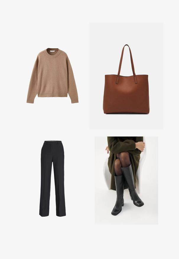 Mäkký béžový sveter s dlhým rukávom a okrúhlym výstrihom, s rebrovými rukávmi, spodným lemom a výstrihom, vystavený položený na bielom pozadí.; Čierne nohavice s vysokým pásom a rovný strih. Vyrobené z hladkého materiálu, s prednými záhybmi a bočnými vreckami.; Čierne kožené čižmy po kolená so štvrtým prstom a blokovým opätkom, zobrazené s modelom sediacim v olivovo zelenej bunde. Hladká textúra, minimálne detaily.; Hnedá kožená taška na rameno s hladkou textúrou, otvoreným vrchom a dvoma ramenými popruhmi. Má minimálne šitia a žiadne viditeľné kovania.