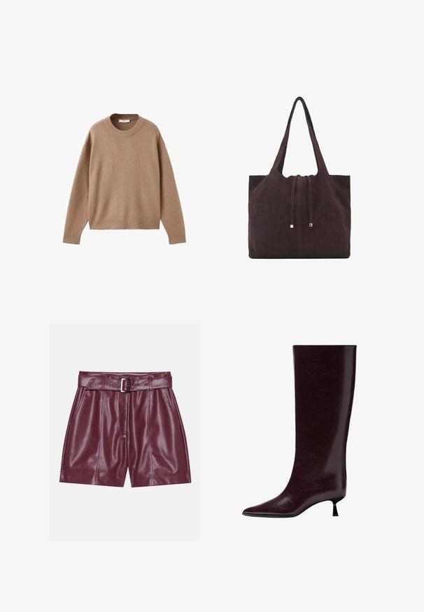 Miękki beżowy sweter z długim rękawem i okrągłym dekoltem, z prążkowanymi mankietami, dolnym obszyciem i dekoltem, wyeksponowany na płasko na białym tle.; Burgundowe szorty z sztucznej skóry z szerokim paskiem w talii, paskiem z metalową klamrą w kolorze srebrnym oraz fałdami z przodu, które zapewniają luźny krój.; Botki sięgające do kolan w kolorze bordowym, wykonane z gładkiej, teksturowanej skóry, z wąskim noskiem i cienkim, warstwowym obcasem dla większego wzrostu.; Mango - Torba na zakupy