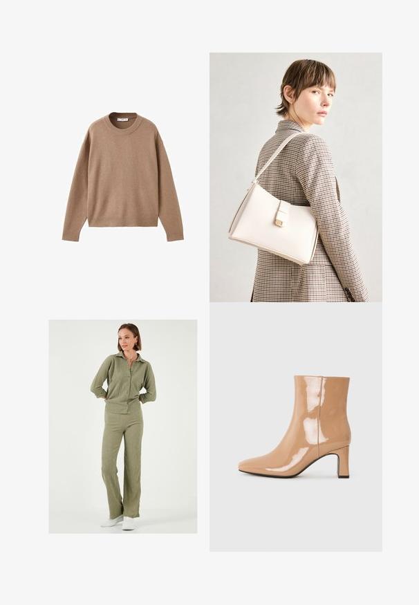 Zachte beige lange mouw crewneck trui met geribbelde manchetten, zoom en halslijn, plat weergegeven op een witte achtergrond.; Olijfgroene, gestructureerde gebreide twee-delige set met een colbert met knopen en bijpassende flared broek, aangevuld met witte sneakers.; Nude patent leren enkellaarsjes met een spitse neus, een glanzende afwerking en een mid-hoge blokhak. Gladde textuur en elegante silhouet.; Witte leren handtas met een gestructureerd ontwerp, voorzien van een magneetsluiting en een schouderriem, tentoongesteld tegen een neutrale achtergrond.