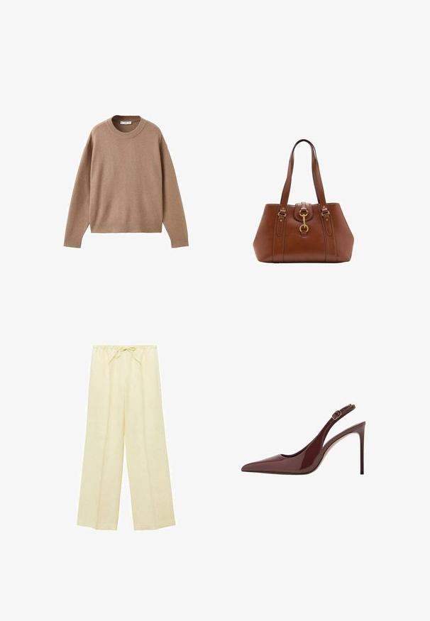 Miękki beżowy sweter z długim rękawem i okrągłym dekoltem, z prążkowanymi mankietami, dolnym obszyciem i dekoltem, wyeksponowany na płasko na białym tle.; Mango ALADA jasnożółty; Ciemnobrązowe lakierowane skórzane czółenka na wysokim obcasie z zasuwanym paskiem na kostce oraz smukłym obcasem typu stiletto.; Brązowa skórzana torebka z podwójnymi uchwytami, okrągłym kształtem, złotymi okuciem i centralnym detalem z klamrą. Gładka tekstura z haftowanymi akcentami.