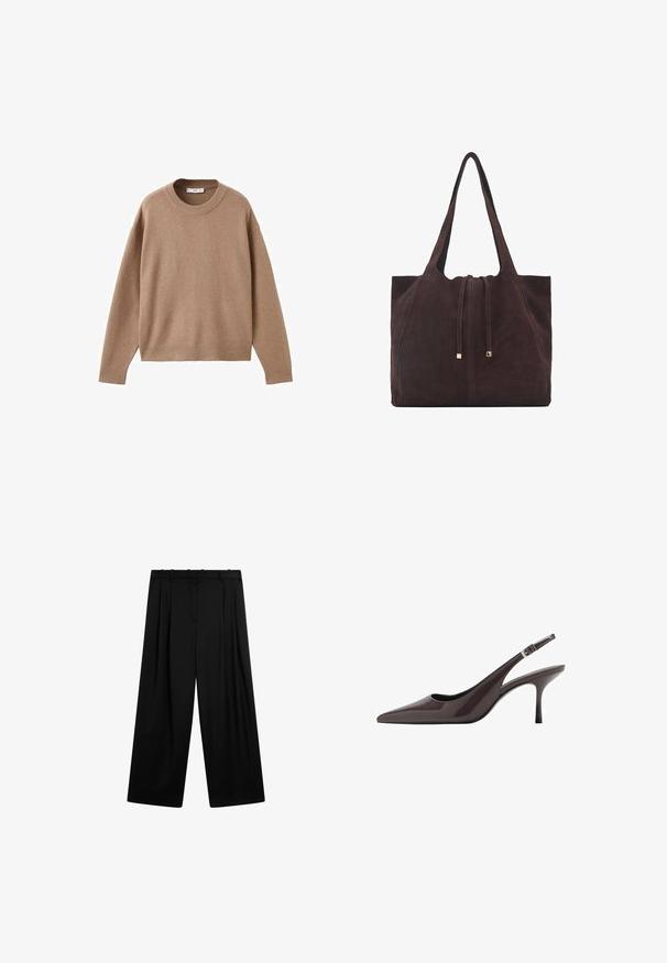 Zachte beige lange mouw crewneck trui met geribbelde manchetten, zoom en halslijn, plat weergegeven op een witte achtergrond.; Massimo Dutti DARTED - Broek - black; Puntige slingback hakken in donkerbruin lakleer, met een slanke hoge hak en een verstelbare enkelband met een gesp.; Mango Shopper - dark brown