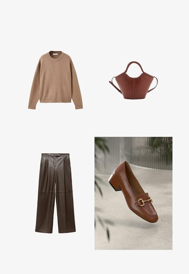 Maglione beige chiaro a maniche lunghe con scollo rotondo, dotato di polsini, orlo e scollatura a coste, presentato piegato su uno sfondo bianco.; Pantaloni a gamba larga in pelle marrone con una texture liscia, caratterizzati da pieghe davanti e un design della vita classico.; Mocassino in pelle verniciata marrone con punta quadrata, accentato da catena metallica e tacco basso; texture liscia, design minimalista.; Borsa a mano in pelle marrone con forma conica, manici robusti e cuciture bianche a contrasto. Presenta una tracolla removibile per una maggiore versatilità.