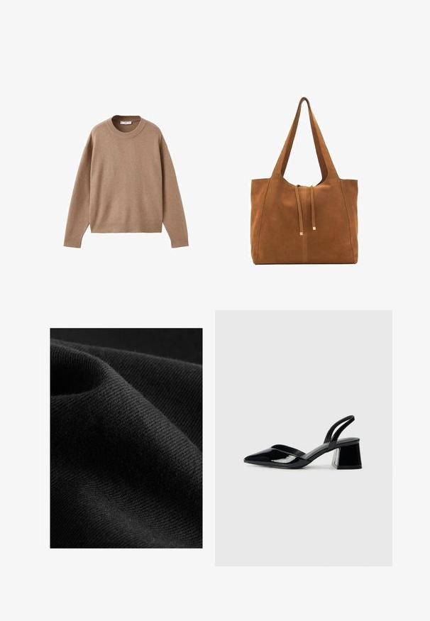 Blød beige langærmet crewneck sweater med ribbede manchetter, kant og krave, præsenteret fladt på en hvid baggrund.; Sort stof med en glat tekstur og en subtil glans, med et diagonalt vævemønster og en blød, fleksibel fald.; Sorte patentlæder slingback hæle med spids tå og en geometrisk blok hæl. Har et elegant, minimalistisk design og en glat tekstur.; Brun ruskinds-tote med to lange stropper, snørelukning og minimalistisk design. Glat tekstur og ingen synlige hardware-detaljer.