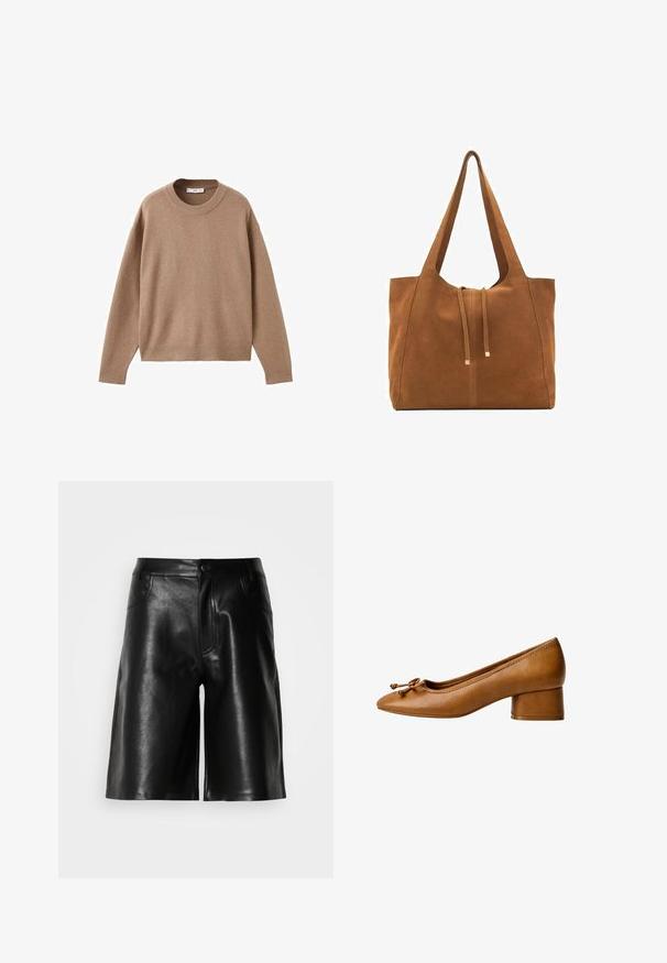 Mäkký béžový sveter s dlhým rukávom a okrúhlym výstrihom, s rebrovými rukávmi, spodným lemom a výstrihom, vystavený položený na bielom pozadí.; Čierne kožené šortky s hladkou textúrou, so prednými vreckami, zipsom a strihom na mieru.; Hnedé kožené lodičky s okrúhlou špičkou, malým blokovým opätkom a dekoratívnou mašľou. Hladká textura a minimalistický dizajn.; Hnedá semišová taška cez rameno s dvoma dlhými popruhmi, sťahovacou šnúrkou a minimalistickým dizajnom. Hladký povrch a žiadne viditeľné kovové doplnky.