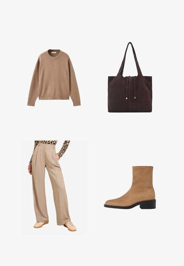 Weicher beiger Langarm-Pullover mit Rundhalsausschnitt, übersichtlich auf einem weißen Hintergrund präsentiert, mit gerippten Bündchen, Saum und Kragen.; Beige weite Hose, gefaltete Front, hohe Taille, seitliche Taschen, kombiniert mit hellen Sneakers. Der Stoff wirkt glatt und strukturiert.; Hellbraune Wildleder-Ankle Boots mit quadratischer Spitze, niedrigem Blockabsatz und nahtlosem Design. Mit dezenten Nähten entlang der Kanten.; Mango Shopping Bag - dark brown