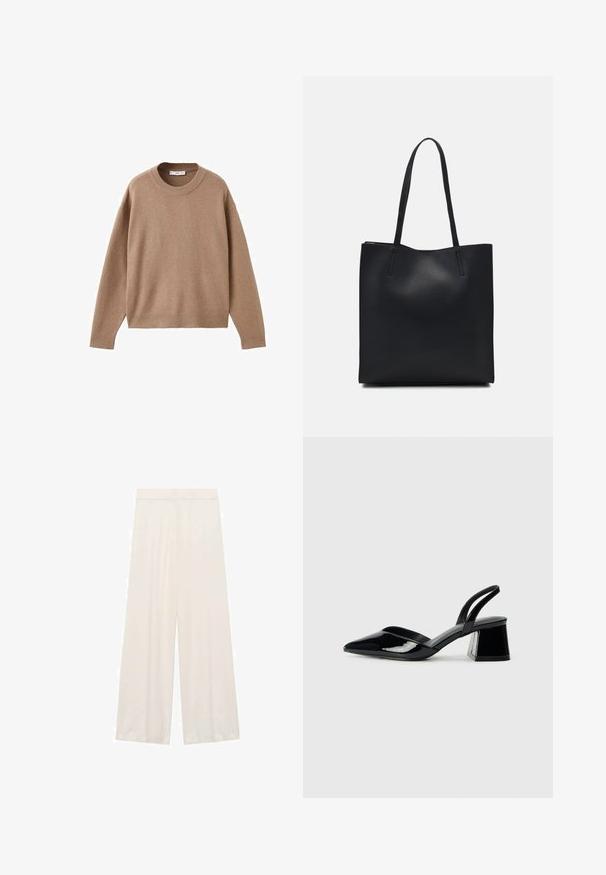 Soft beige long-sleeve crewneck sweater with ribbed cuffs, hem, and neckline, displayed flat on a white background.; Wide-leg trousers made of light fabric, in a solid off-white color, with a smooth texture and no visible patterns or hardware details.; Black patent leather slingback heels with a pointed toe and a geometric block heel. Features a sleek, minimal design and smooth texture.; Black leather tote bag with smooth texture, rectangular shape, and two long handles. No visible hardware or embellishments.