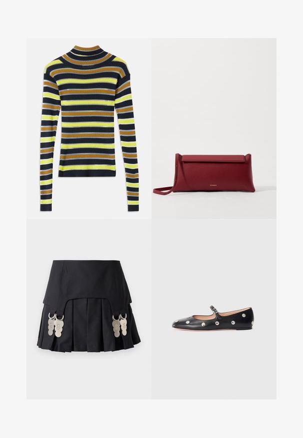 Ilgų rankovių ribotas megztinis su horizontaliomis juostelėmis juodos, rudos, geltonos, šviesiai pilkos ir baltos spalvų ant balto fono.; Juoda plisuota sijonas su metaliniais akcentais šonuose, pagamintas iš struktūrizuotos medžiagos su lygia tekstūra ir švariu dizainu.; Juodų odinių Mary Jane plokščių batų su apvaliu pirštu, papuoštų sidabriniais apvaliais nagais ir reguliuojamu dirželiu su sagtimi.; Raudona odinė rankinė su tekstūruotu paviršiumi, turinti plokščią užlenkiamą viršų ir trumpą dirželį. Subtilus prekės ženklo logotipas priekyje.
