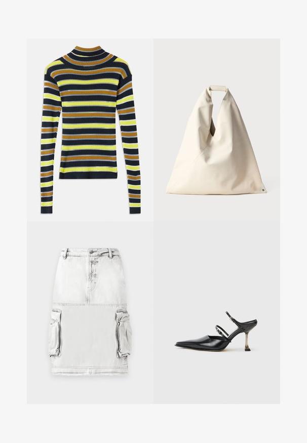 Long-sleeve ribbed knit sweater with horizontal stripes in black, brown, yellow, light gray, and white on a white background.; Denim skirt in light gray with a high waist, front buttons, and two side cargo pockets. Slightly distressed fabric texture.; Black leather point-toe slingback shoe with two adjustable straps and a metallic heel. Smooth texture and minimalist design.; Beige, soft-textured bag with a unique twisted handle and diagonal seam detail. Minimalist design with a round accent at the base.