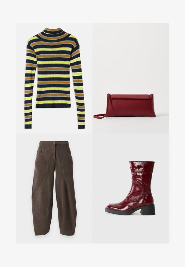 Pulover din tricot cu mânecă lungă, cu dungi orizontale în negru, marron, galben, gri deschis și alb pe un fundal alb.; Pantaloni din catifea groasă, largi, de culoare maro, cu talie înaltă, închidere frontală cu nasture și detalii cu cusături în unghi pe picioare.; Cizma ankle din piele lacuită burgundă, cu vârf rotunjit, finisaj texturat și toc masiv negru, având detalii cusute pe laterale.; Geantă de mână roșie din piele cu o textură rafinată, având un capac plat pliat și o curea scurtă. Logo-ul subtil al mărcii pe față.