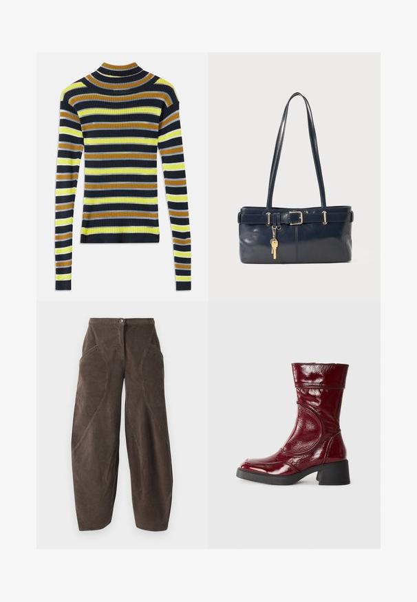 Long-sleeve ribbed knit sweater with horizontal stripes in black, brown, yellow, light gray, and white on a white background.; Brown wide-leg corduroy pants with high waist, front button closure, and angled seam details on legs.; Burgundy glossy leather ankle boot with a rounded toe, textured finish, and a chunky black heel, featuring stitched detailing along the sides.; Navy leather handbag with two long handles, a buckle detail, and a keychain attached. Features a smooth texture and a rectangular shape.