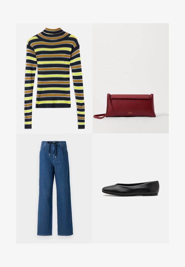 Ilgų rankovių ribotas megztinis su horizontaliomis juostelėmis juodos, rudos, geltonos, šviesiai pilkos ir baltos spalvų ant balto fono.; Plati kojinės tamsiai mėlyni džinsai, turintys raištelio juosmenį ir priekines kišenes. Audinys turi lygų tekstūrą su subtiliais siuvinėjimo detalėmis.; Paul Smith TOPANGA - Balerinos stiliaus laivutės - black; Raudona odinė rankinė su tekstūruotu paviršiumi, turinti plokščią užlenkiamą viršų ir trumpą dirželį. Subtilus prekės ženklo logotipas priekyje.