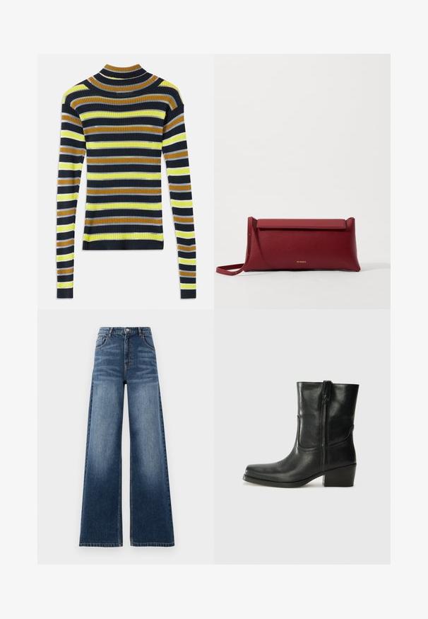 Ilgi piedurkņu ribota adījuma džemperis ar horizontālām svītrām melnā, brūnā, dzeltenā, gaiši pelēkā un baltā krāsā uz baltas fona.; Platas kāju denima bikses vidēji zilā krāsā ar augstu vidukli, izbalējuma detaļām un klasiska piecu kabatu dizainu ar izšūtiem akcentiem.; Melna ādas potīte ar noapaļotu purngalu, bloku papēdi, sānu rāvējslēdzēju un šuvju akcentiem uz virsmas. Gluda tekstūra, klasiskā dizaina.; Sarkans ādas klasisks maciņš ar teksturētu virsmu, ar plakanu salokāmu augšpusi un īsu siksniņu. Uz priekšpuses ir smalks zīmola logo.