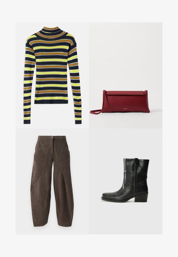 Langsleeve rib gebreide trui met horizontale strepen in zwart, bruin, geel, lichtgrijs en wit op een witte achtergrond.; Bruine wide-leg corduroy broeken met hoge taille, ritssluiting aan de voorkant en schuine naaddetails op de benen.; Zwarte leren enkellaars met een ronde neus, blokhak, zijrits en stikselaccenten op de wreef. Gladde textuur, klassiek ontwerp.; Rode leren clutch met een gestructureerde afwerking, met een vlakke omvouwtop en een korte strap. Subtiele merklogo op de voorkant.