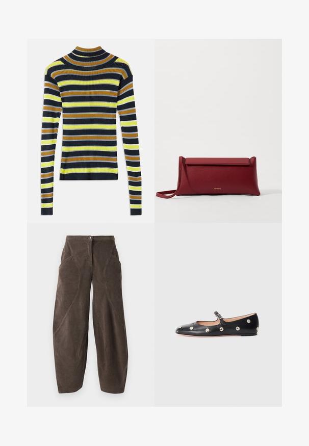 Sweter z długim rękawem z prążkowanej dzianiny w poziome paski w kolorach czarnym, brązowym, żółtym, jasnoszarym i białym na białym tle.; Brązowe szerokie nogawki z korduroju, z wysokim stanem, z przodu zapięciem na guzik i ukosnymi szwami na nogawkach.; Czarne skórzane buty typu Mary Jane na płaskim obcasie z zaokrąglonym czubkiem, ozdobione srebrnymi okrągłymi ćwiekami oraz regulowanym paskiem z klamrą.; Czerwona skórzana kopertówka o teksturowanym wykończeniu, z płaskim złożonym wierzchem i krótkim paskiem. Subtelne logo marki z przodu.