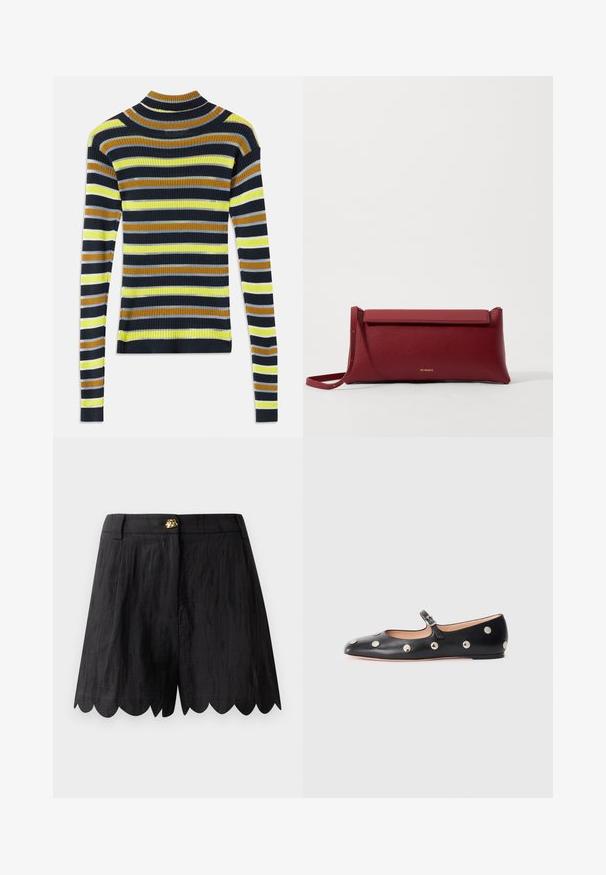 Ilgi piedurkņu ribota adījuma džemperis ar horizontālām svītrām melnā, brūnā, dzeltenā, gaiši pelēkā un baltā krāsā uz baltas fona.; Melnas šorti ar teksturētu apdari, ar viļņu maliņu, jostas vietu un zelta aksesuāru detaļu priekšpusē.; Melna ādas Mary Jane līdzena zābaku ar noapaļotu purngalu, kurā ir sudraba apaļie kniedes un regulējama siksniņa ar sprādzi.; Sarkans ādas klasisks maciņš ar teksturētu virsmu, ar plakanu salokāmu augšpusi un īsu siksniņu. Uz priekšpuses ir smalks zīmola logo.