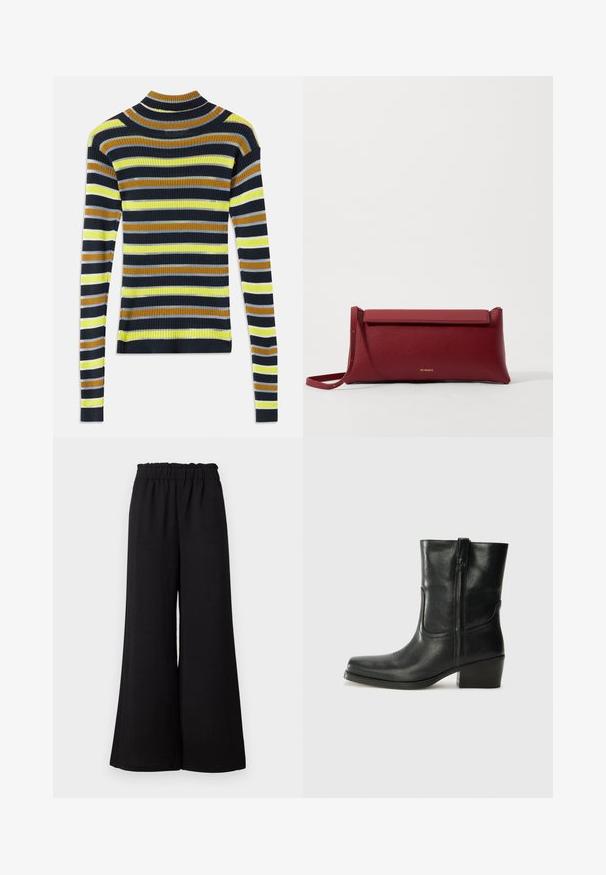 Hosszú ujjú bordázott kötött pulóver vízszintes csíkokkal fekete, barna, sárga, világosszürke és fehér színekben, fehér háttéren.; Fekete, bő szárral rendelkező nadrág, elasztikus derékrésszel, texturált anyagból készült, laza szabású és egyenes szegélyű.; Fekete bőr bokacsizma lekerekített orral, blokk sarkúval, oldalsó cipzárral és varrásos díszítéssel az elején. Simább textúra, klasszikus dizájn.; Piros bőr klutcs táska textúrázott felülettel, lapos hajtogatott tetejével és rövid pánttal. Diszkrét márkájú logó elöl.