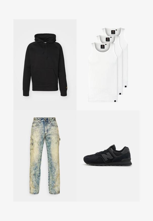 Black hoodie in soft fabric, featuring a front pouch pocket, adjustable drawstring, and ribbed cuffs. Smooth texture with minimal detailing.; Three white ribbed tank tops made of cotton. Features a crew neck and small black labels near the hem. Available in multiple sizes.; Loose-fitting cargo pants in faded blue denim, featuring multiple pockets, visible stitching, and a worn texture with light creases.; Black suede and mesh athletic shoes with a textured upper, padded collar, flat laces, and a grey logo accent on the side.