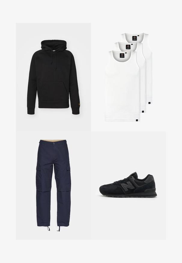 Fekete kapucnis pulóver puha anyagból, elülső zsebbel, állítható húzózsinórral és bordázott mandzsettákkal. Sima textúra minimális részletezéssel.; Három fehér csíkos pamut trikó. Felső része kerek nyakkivágású, és a szegély közelében kis fekete címkék találhatók. Több méretben elérhető.; Tengerészeti cargo nadrág, több zsebbel, gombos záródással és állítható szegélykötésekkel a testreszabható illeszkedés érdekében.; Fekete velúr és hálós sportcipők texturált felsőrésszel, párnázott gallérral, lapos fűzőkkel és szürke logóval az oldalon.