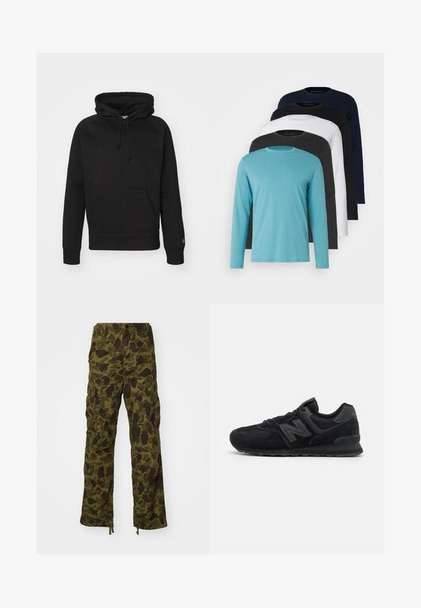 Černá mikina s kapucí z měkké tkaniny, vybavená přední kapsou, nastavitelnou šňůrkou a žebrovanými manžetami. Hladká textura s minimálním zdobením.; Pět triček s dlouhým rukávem v řadě: tyrkysová, černá, bílá, tmavě šedá a námořnická modř. Měkká látka s designem kulatého výstřihu a standardním střihem.; Carhartt WIP DUCK PANT - Kapsáče - green/office green; Černé semišové a síťované sportovní boty s texturovaným svrškem, polstrovaným límcem, plochými tkaničkami a šedým logem na boku.