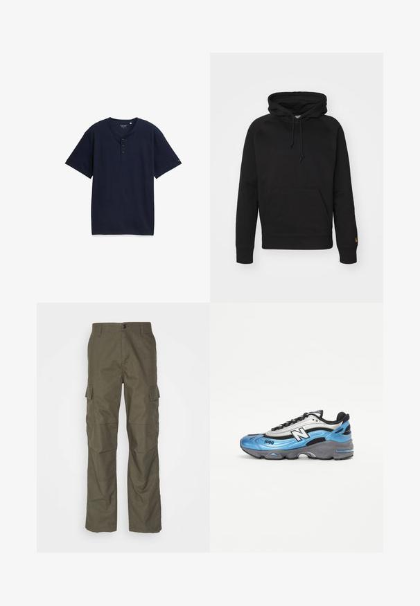 Svart huva i mjukt tyg, med en framficka, justerbar dragsko och ribbade muddar. Slät textur med minimal detaljering.; Marinblå kortärmad henley-tröja med texturerade ränder, tre-knapps knäppning och rundad halsringning. Tyget är mjukt och lätt.; Olivgröna cargobyxor med rak passform, tillverkade av strukturerad tyg. Har stora sidofickor och knappstängning.; Blå och silver atletiska skor med mesh- och syntetiska material, med en tjock grå sula och framträdande svarta accenter. Modellnummer 1000 synligt.